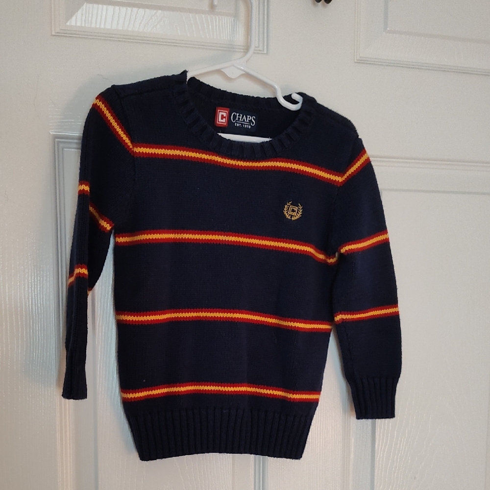 Chaps Dark Blue Sweater with Red and Orange Accents